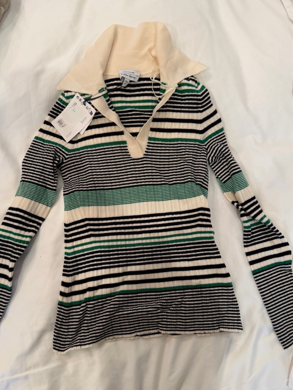 & Other Stories Striped Ribbed Polo Sweater in Cream, Black & Green